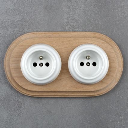 Elhard - Priză dublă ceramică retro de perete cu ramă 230V alb/lemn deschis