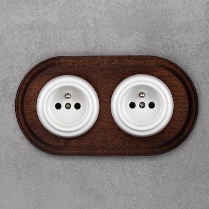 Elhard - Priză dublă ceramică retro pentru casă, cu ramă, 230V, alb/lemn închis