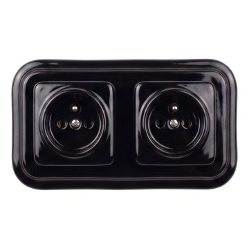 Elhard - Priză dublă ceramică retro pentru uz casnic, cu ramă, 230V, neagră