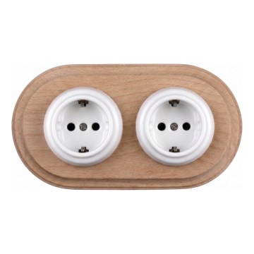 Elhard - Priză dublă ceramică retro pentru uz casnic cu ramă SCHUKO 230V alb/lemn deschis