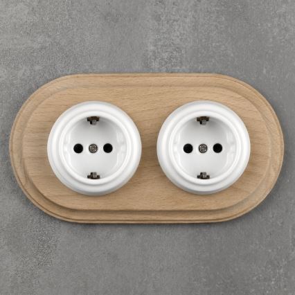 Elhard - Priză dublă ceramică retro pentru uz casnic cu ramă SCHUKO 230V alb/lemn deschis