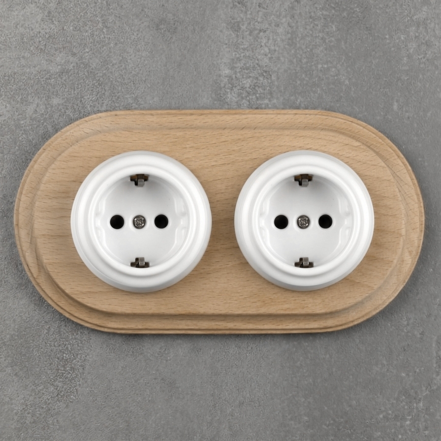 Elhard - Priză dublă ceramică retro pentru uz casnic cu ramă SCHUKO 230V alb/lemn deschis