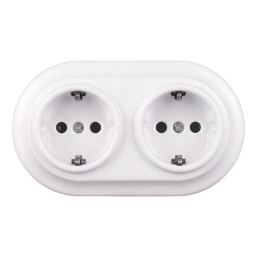 Elhard - Priză dublă ceramică retro pentru uz casnic, cu ramă SCHUKO, 230V, albă