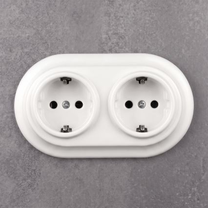 Elhard - Priză dublă ceramică retro pentru uz casnic, cu ramă SCHUKO, 230V, albă