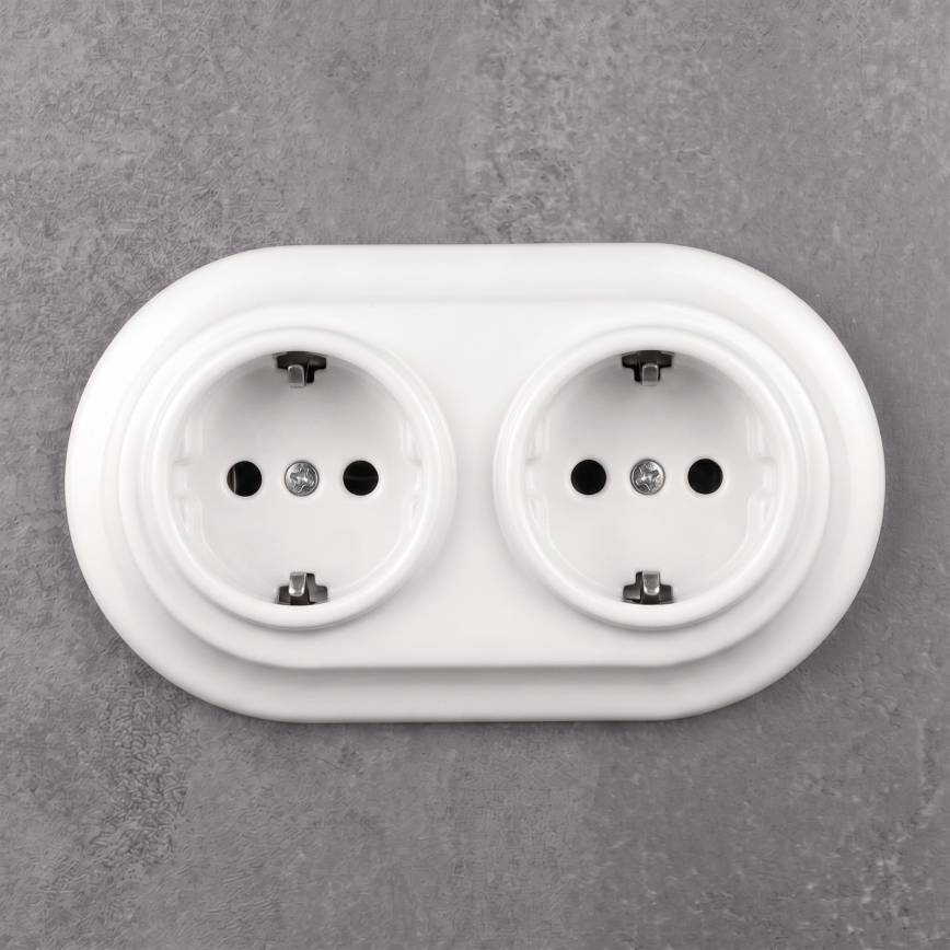 Elhard - Priză dublă ceramică retro pentru uz casnic, cu ramă SCHUKO, 230V, albă