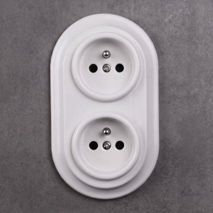 Elhard - Priză dublă ceramică retro pentru uz casnic, cu ramă SCHUKO, 230V, albă