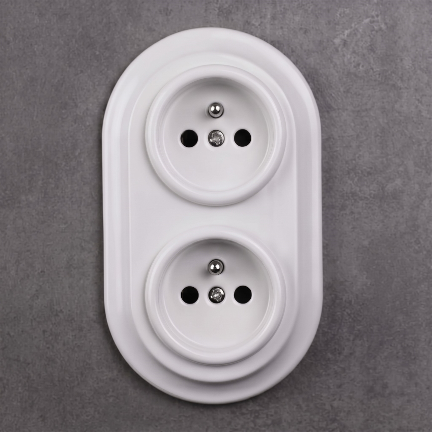 Elhard - Priză dublă ceramică retro pentru uz casnic, cu ramă SCHUKO, 230V, albă
