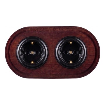 Elhard - Priză dublă ceramică retro pentru uz casnic cu ramă SCHUKO 230V negru/lemn închis
