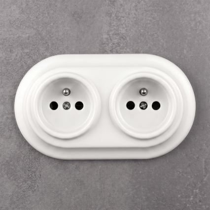 Elhard - Priză dublă retro din ceramică pentru locuință, cu ramă, 230V, albă