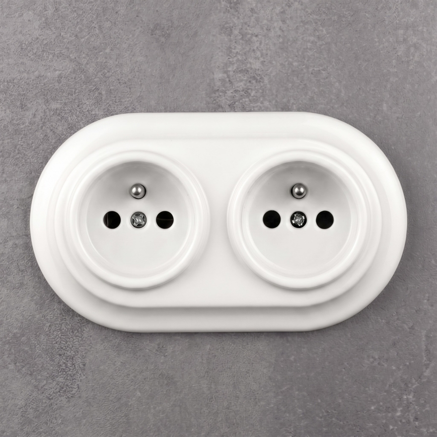 Elhard - Priză dublă retro din ceramică pentru locuință, cu ramă, 230V, albă