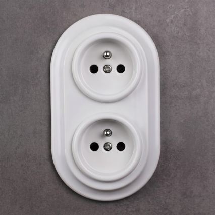Elhard - Priză dublă retro din ceramică pentru locuință, cu ramă, 230V, albă