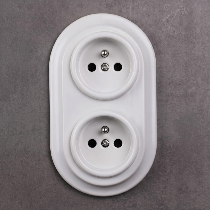 Elhard - Priză dublă retro din ceramică pentru locuință, cu ramă, 230V, albă