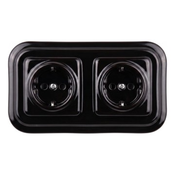Elhard - Priză dublă retro din ceramică pentru locuință cu ramă SCHUKO 230V neagră