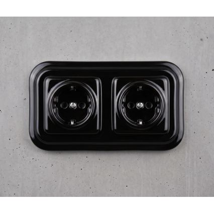 Elhard - Priză dublă retro din ceramică pentru locuință cu ramă SCHUKO 230V neagră