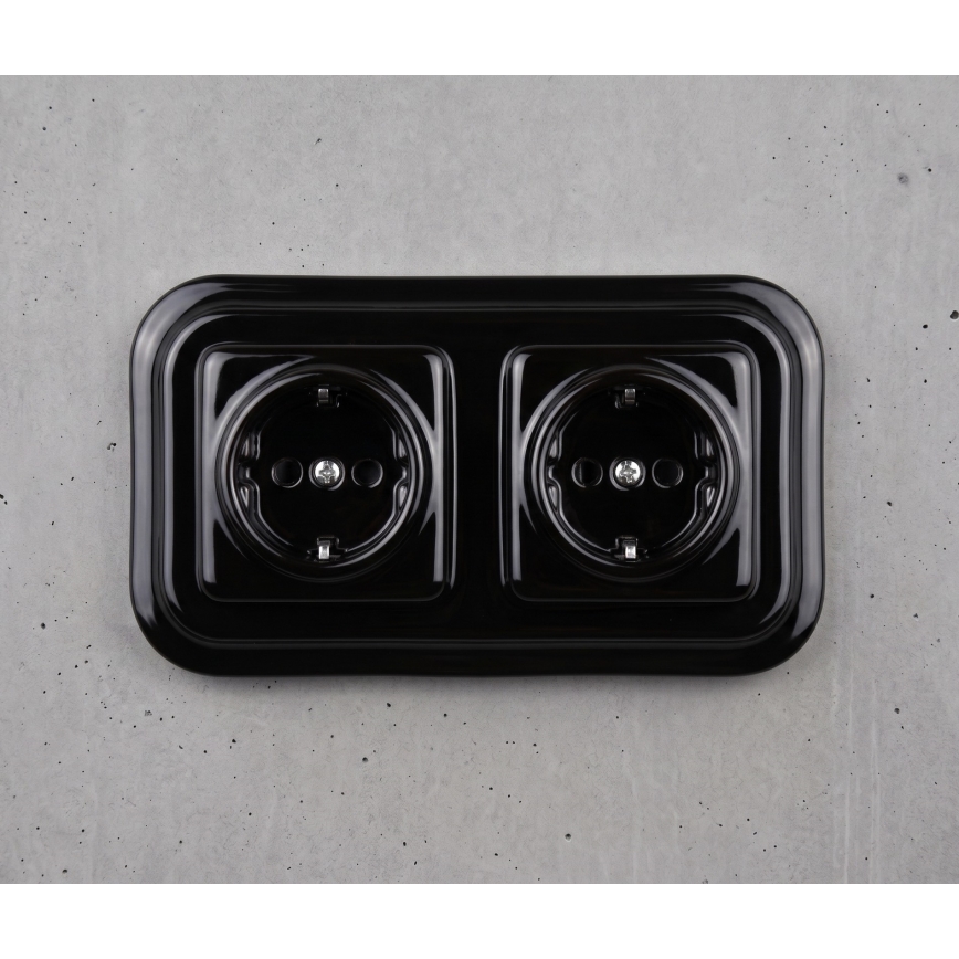 Elhard - Priză dublă retro din ceramică pentru locuință cu ramă SCHUKO 230V neagră