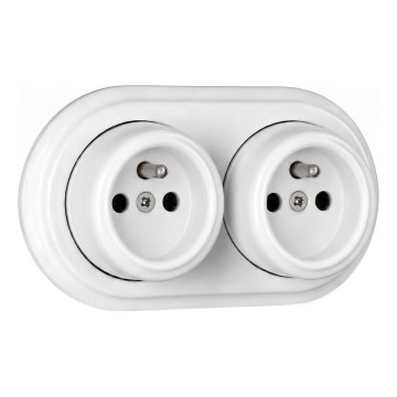 Elhard - Priză dublă retro din ceramică pentru perete, cu ramă, 230 V, albă
