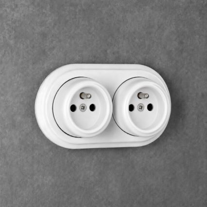 Elhard - Priză dublă retro din ceramică pentru perete, cu ramă, 230 V, albă