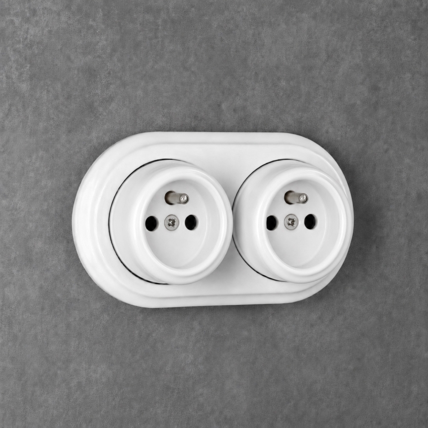 Elhard - Priză dublă retro din ceramică pentru perete, cu ramă, 230 V, albă