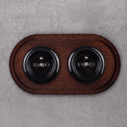 Elhard - Priză dublă ceramică retro pentru uz casnic cu ramă 230V negru/lemn închis