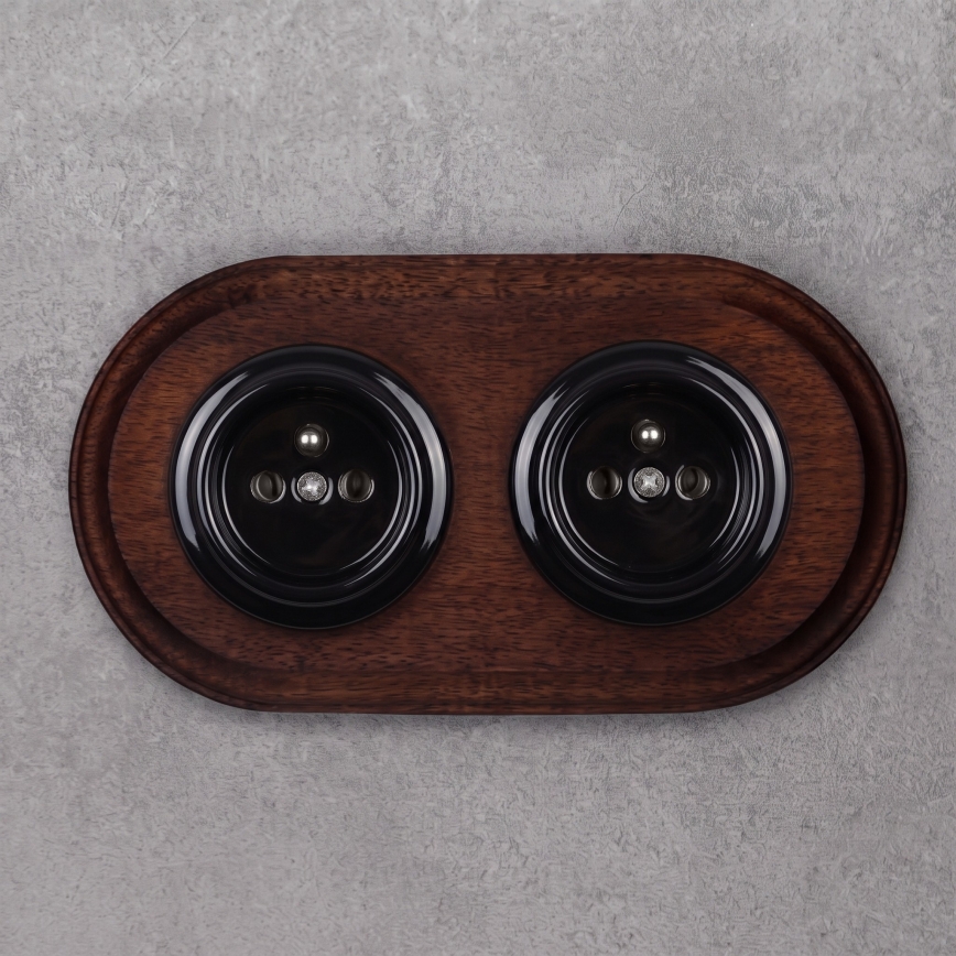 Elhard - Priză dublă ceramică retro pentru uz casnic cu ramă 230V negru/lemn închis