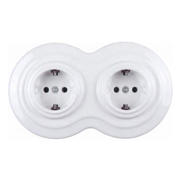 Elhard - Priză dublă retro din ceramică pentru uz casnic cu ramă SCHUKO 230V albă