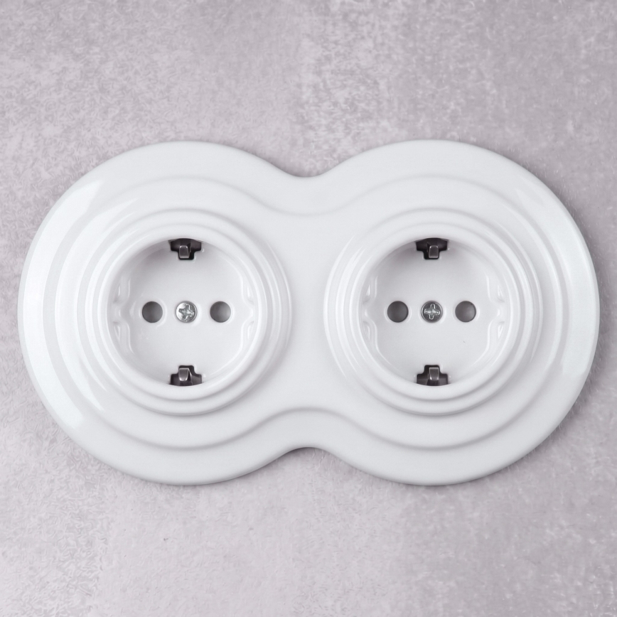 Elhard - Priză dublă retro din ceramică pentru uz casnic cu ramă SCHUKO 230V albă