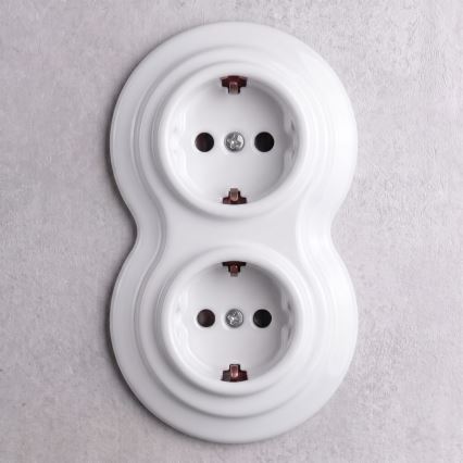 Elhard - Priză dublă retro din ceramică pentru uz casnic cu ramă SCHUKO 230V albă