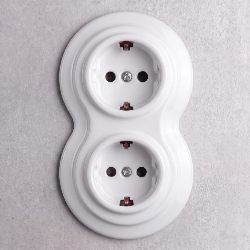 Elhard - Priză dublă retro din ceramică pentru uz casnic cu ramă SCHUKO 230V albă
