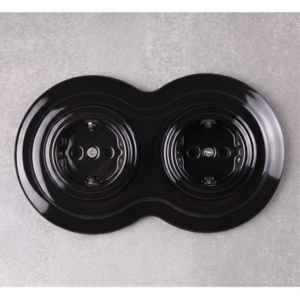 Elhard - Priză dublă retro din ceramică pentru uz casnic cu ramă SCHUKO 230V neagră