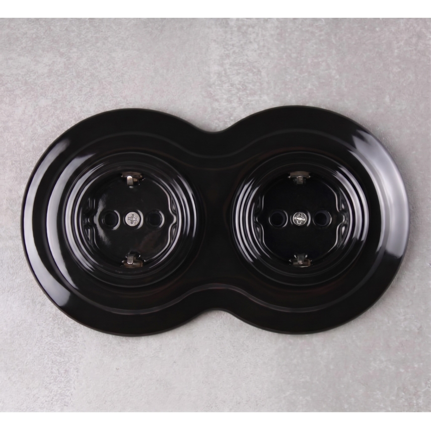 Elhard - Priză dublă retro din ceramică pentru uz casnic cu ramă SCHUKO 230V neagră
