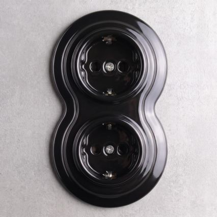 Elhard - Priză dublă retro din ceramică pentru uz casnic cu ramă SCHUKO 230V neagră