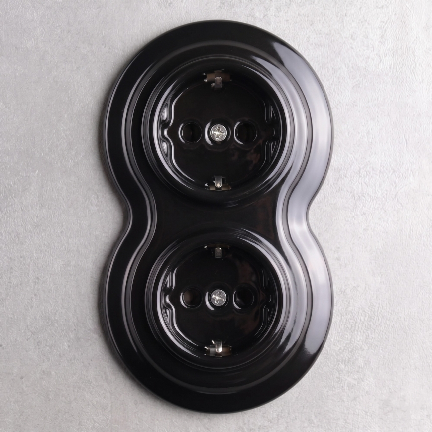 Elhard - Priză dublă retro din ceramică pentru uz casnic cu ramă SCHUKO 230V neagră