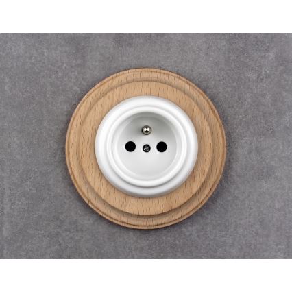 Elhard - Priză retro ceramică de perete cu ramă 230V alb/lemn deschis