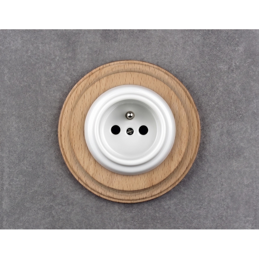 Elhard - Priză retro ceramică de perete cu ramă 230V alb/lemn deschis