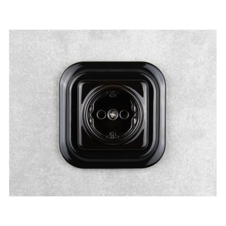 Elhard - Priză retro ceramică de perete cu ramă SCHUKO 230V neagră