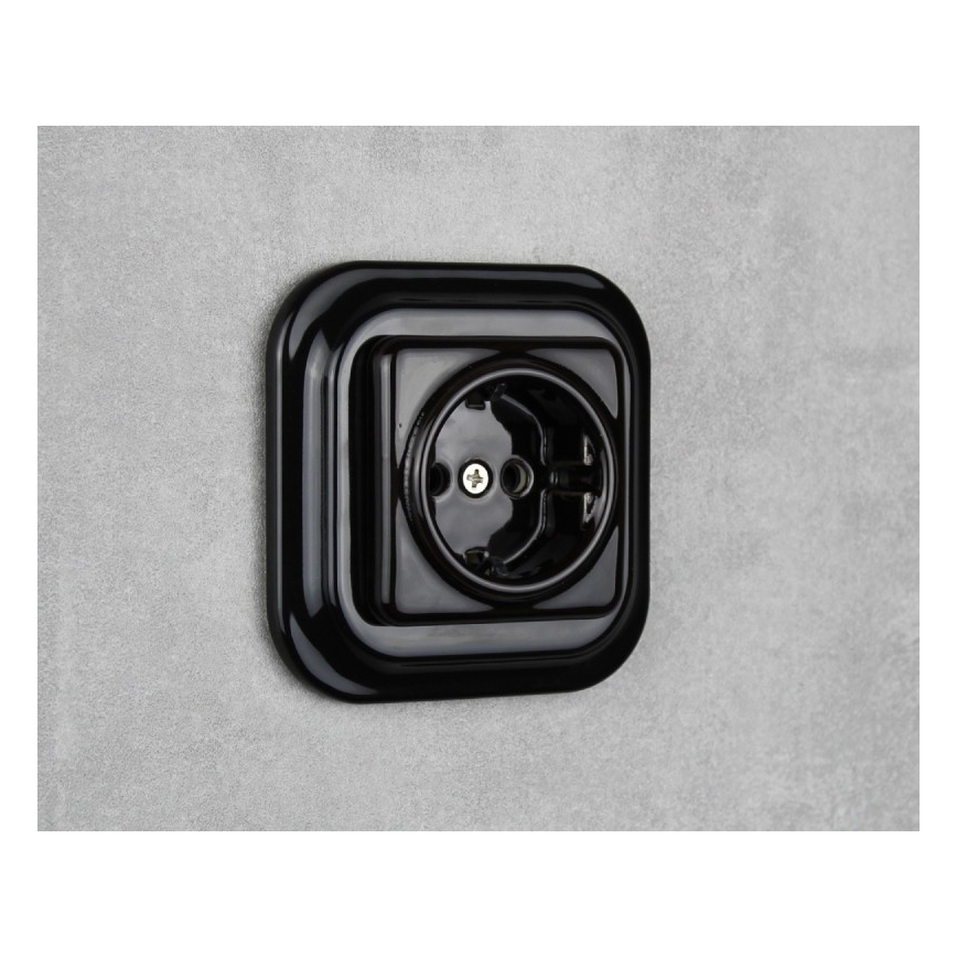 Elhard - Priză retro ceramică de perete cu ramă SCHUKO 230V neagră