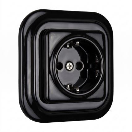 Elhard - Priză retro ceramică de perete cu ramă SCHUKO 230V neagră