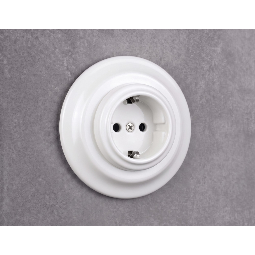 Elhard - Priză retro ceramică pentru uz casnic cu ramă SCHUKO 230V, albă