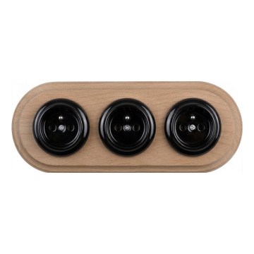 Elhard - Priză retro ceramică triplă pentru locuință cu ramă 230V, negru/lemn deschis