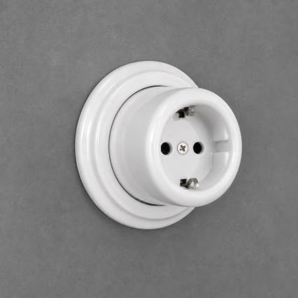 Elhard - Priză retro de perete din ceramică pentru uz casnic, cu ramă SCHUKO, 230V, albă