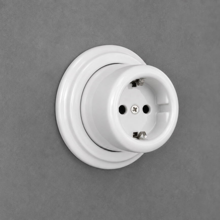 Elhard - Priză retro de perete din ceramică pentru uz casnic, cu ramă SCHUKO, 230V, albă