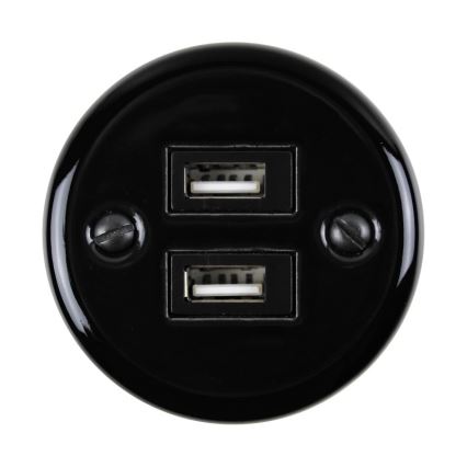 Elhard - Priză retro din ceramică, 2x USB-A, neagră