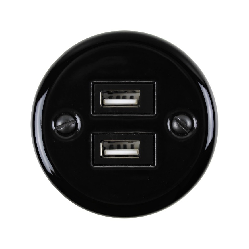 Elhard - Priză retro din ceramică, 2x USB-A, neagră