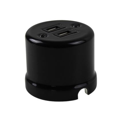 Elhard - Priză retro din ceramică, 2x USB-A, neagră
