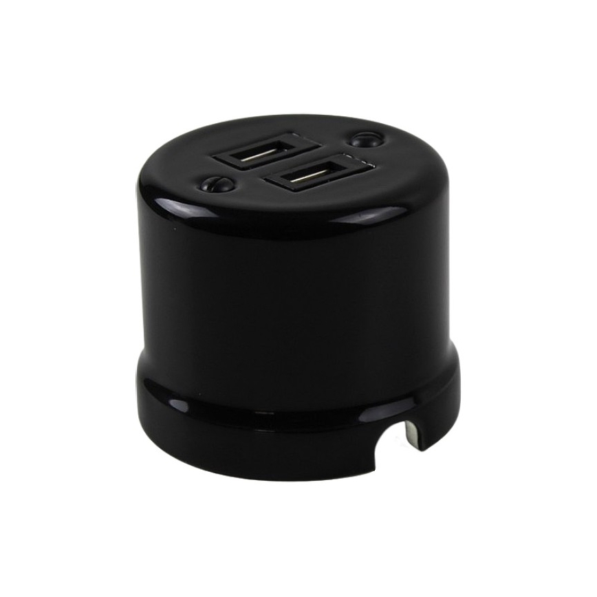 Elhard - Priză retro din ceramică, 2x USB-A, neagră
