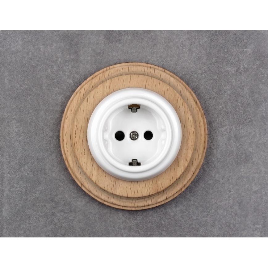 Elhard - Priză ceramică retro de uz casnic cu ramă SCHUKO 230V alb/lemn deschis