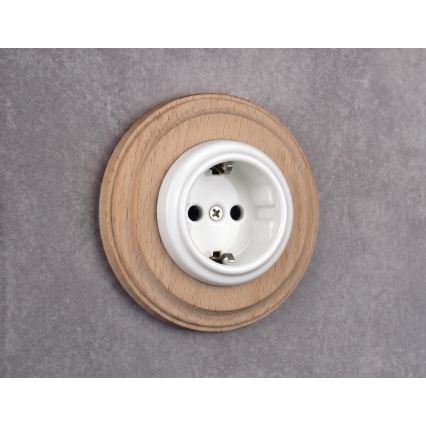 Elhard - Priză ceramică retro de uz casnic cu ramă SCHUKO 230V alb/lemn deschis
