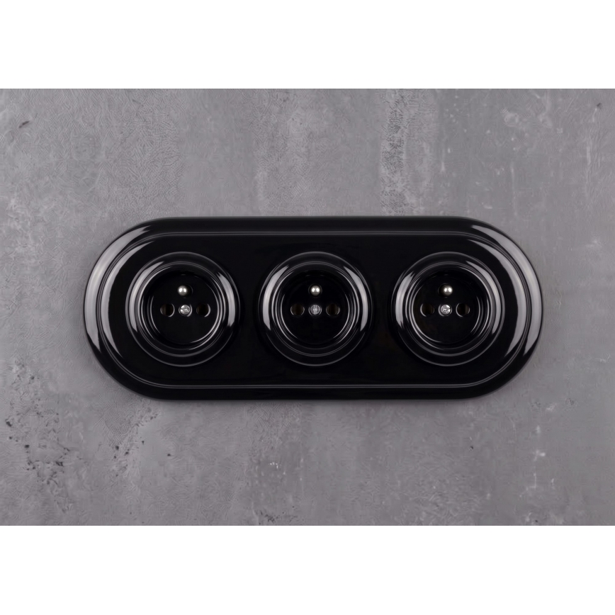 Elhard - Priză retro triplă de perete din ceramică, cu ramă, 230V, neagră