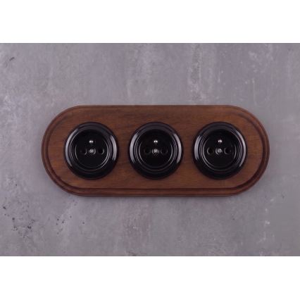 Elhard - Priză retro ceramică triplă pentru uz casnic cu ramă 230V negru/lemn închis