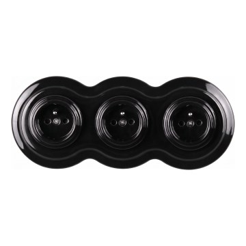 Elhard - Priză triplă ceramică retro pentru uz casnic, cu ramă, 230V, neagră